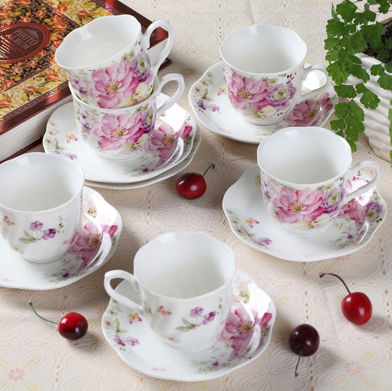 GuangYang 7 oz Porcelain Tea Cups and Saucers Set of 6, Pink Floral Design â€“ Elegant Gift Set for Tea Lovers, Coffee, Cappuccino, Mocha, Weddings, Housewarming & Holidays - Image 1